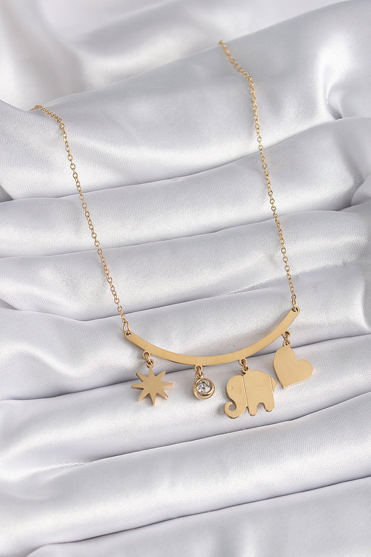 BKO9408 - 316L Çelik Gold Renk Fil Figür Zirkon Taş Detay Kadın Kolye