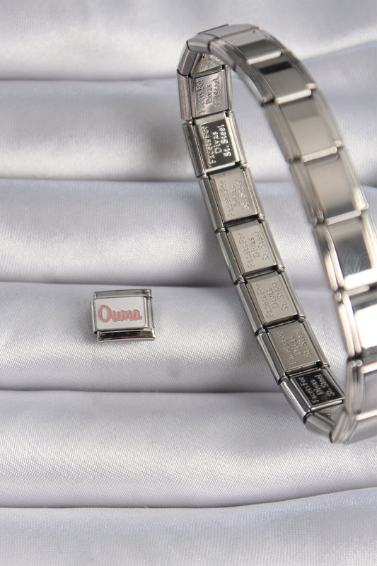 BC1027 - 316L Çelik Gümüş Renk Beyaz Pembe Ouma İşlemeli Nomination Charm