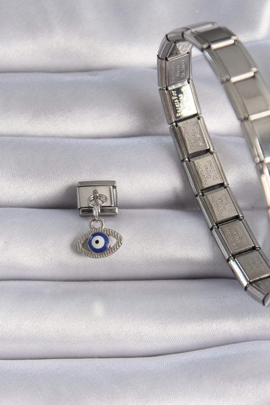 BC1044 - 316L Çelik Gümüş Renk Sallantılı Göz Figür Nazar Boncuk Detay Nomination Charm