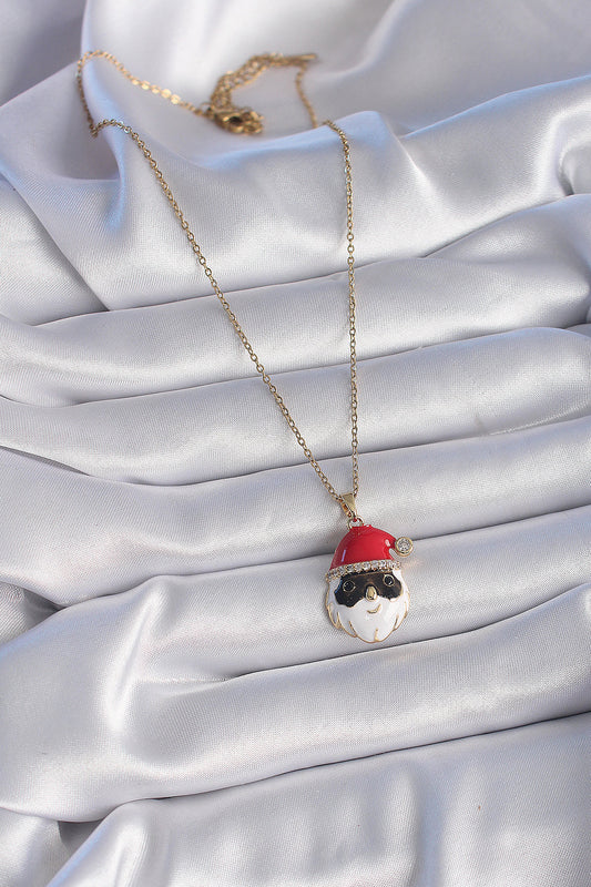 BKO9445 - 316L Çelik Gold Renk Zincir Zirkon Taşlı Yılbaşı Temalı Noel Baba Figür Kadın Kolye