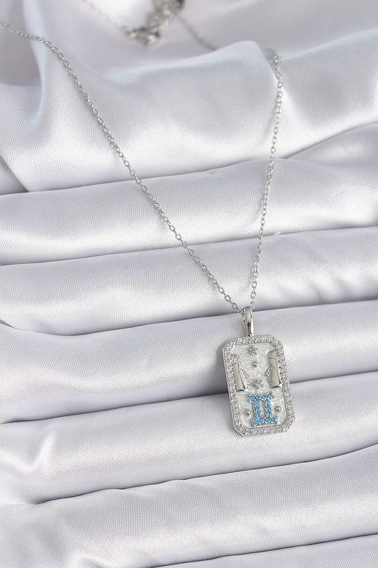 BKO9446 - 316L Çelik Gümüş Renk Zincir İkizler Burcu Zirkon Taşlı Kadın Kolye