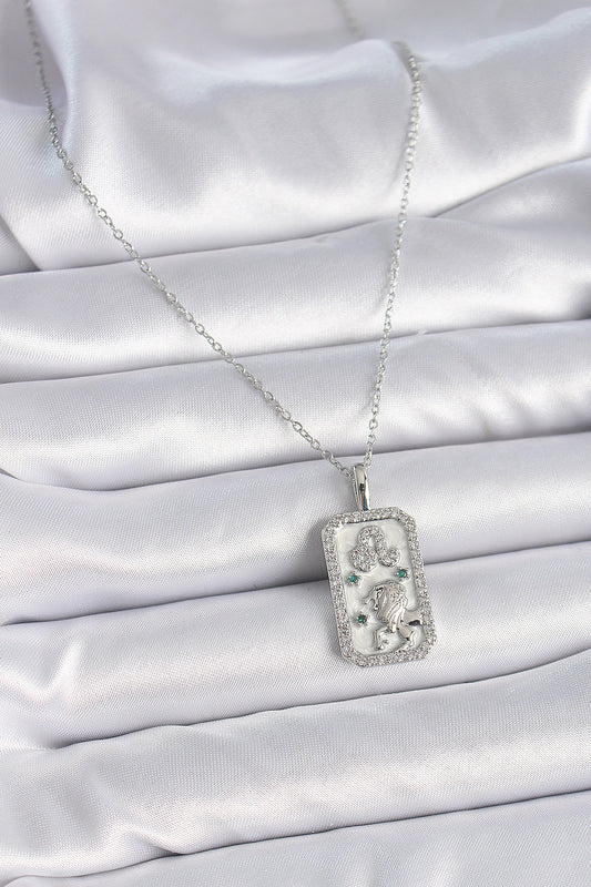 BKO9451 - 316L Çelik Gümüş Renk Zincir Aslan Burcu Zirkon Taşlı Kadın Kolye