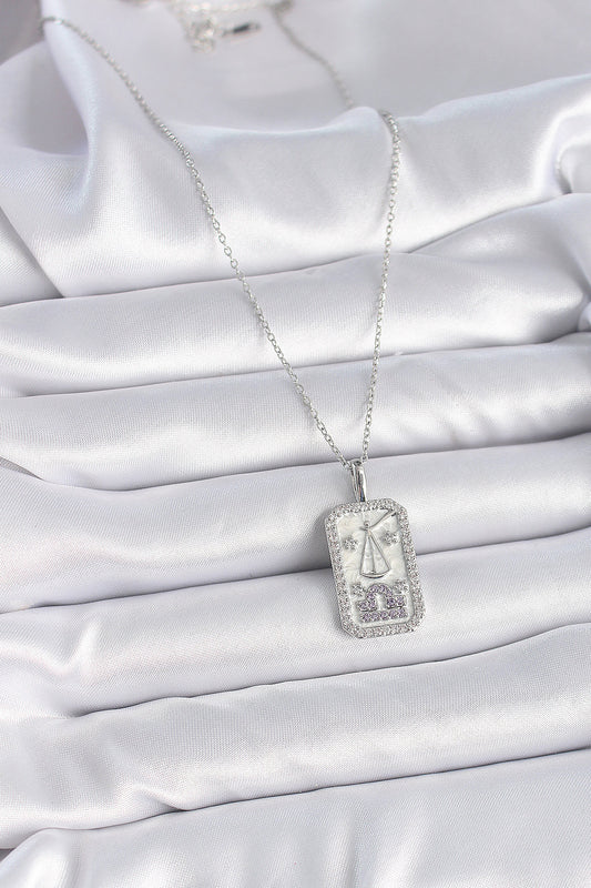 BKO9454 - 316L Çelik Gümüş Renk Terazi Burcu Zirkon Taşlı Kadın Kolye