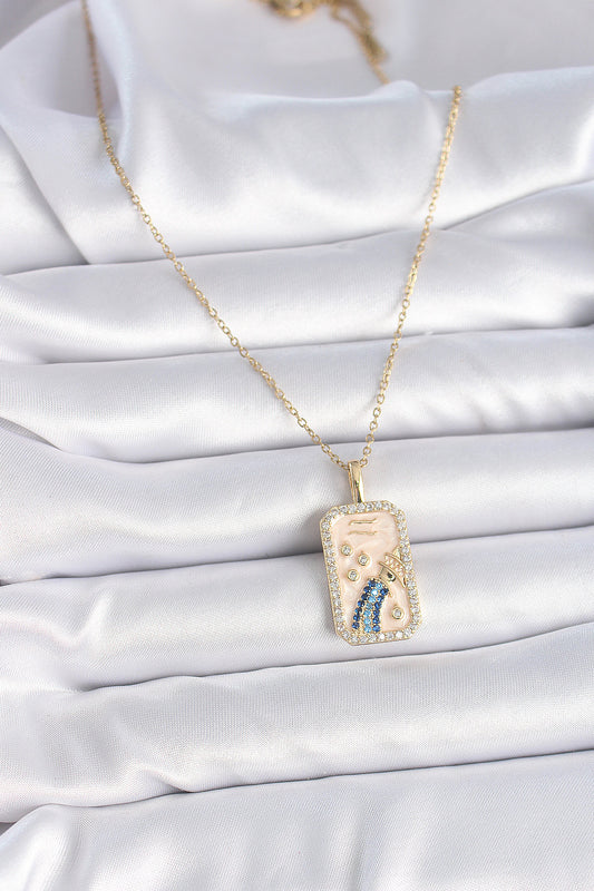 BKO9458 - 316L Çelik Gold Renk Zincir Kova Burcu Zirkon Taşlı Kadın Kolye