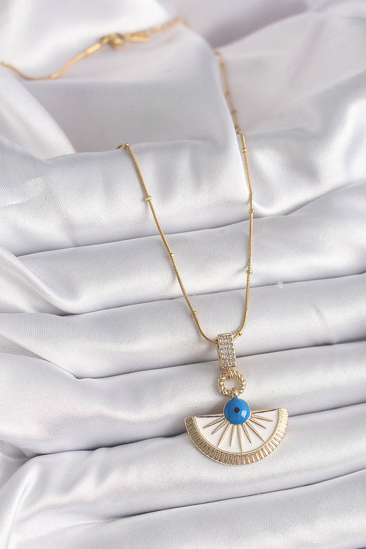 BKO9474 - 316L Çelik Gold Renk Zincir Zirkon Taş Detaylı Nazar Boncuk Göz Model Kadın Kolye