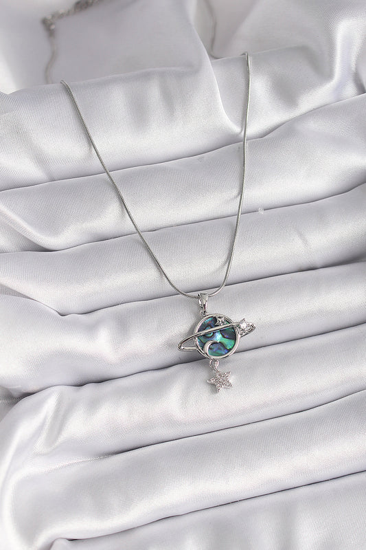 BKO9478 - 316L Çelik Gümüş Renk Zincir Zirkon Taşlı Gezegen Model Kadın Kolye