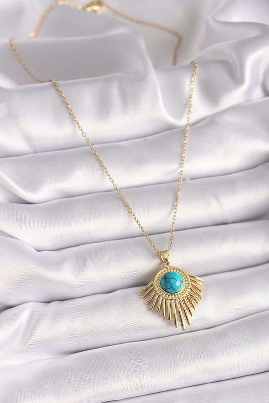 BKO9502 - 316L Çelik Gold Renk Zincir Mavi Boncuk Güneş Model Kadın Kolye