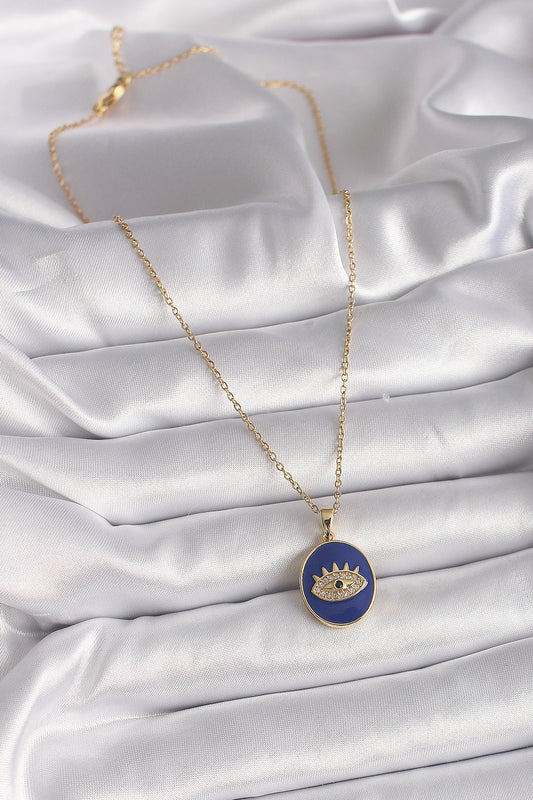 BKO9505 - 316L Çelik Gold Renk Zincir Mavi Mineli Zirkon Taşlı Göz İşleme Kadın Kolye