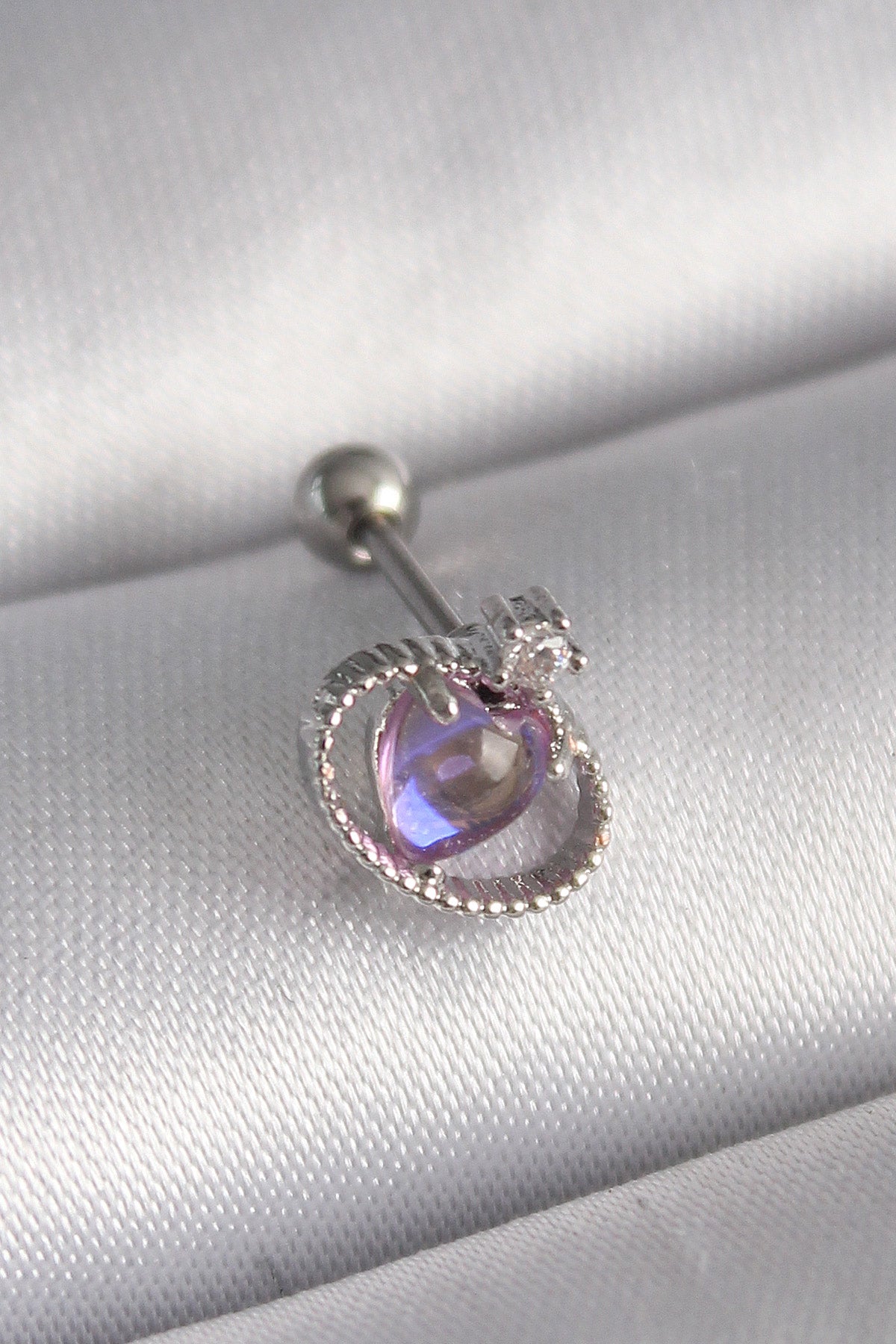 316L Çelik Gümüş Renk Mor Mineli Kalp Zirkon Taş Detay Tragus Piercing - PR1273