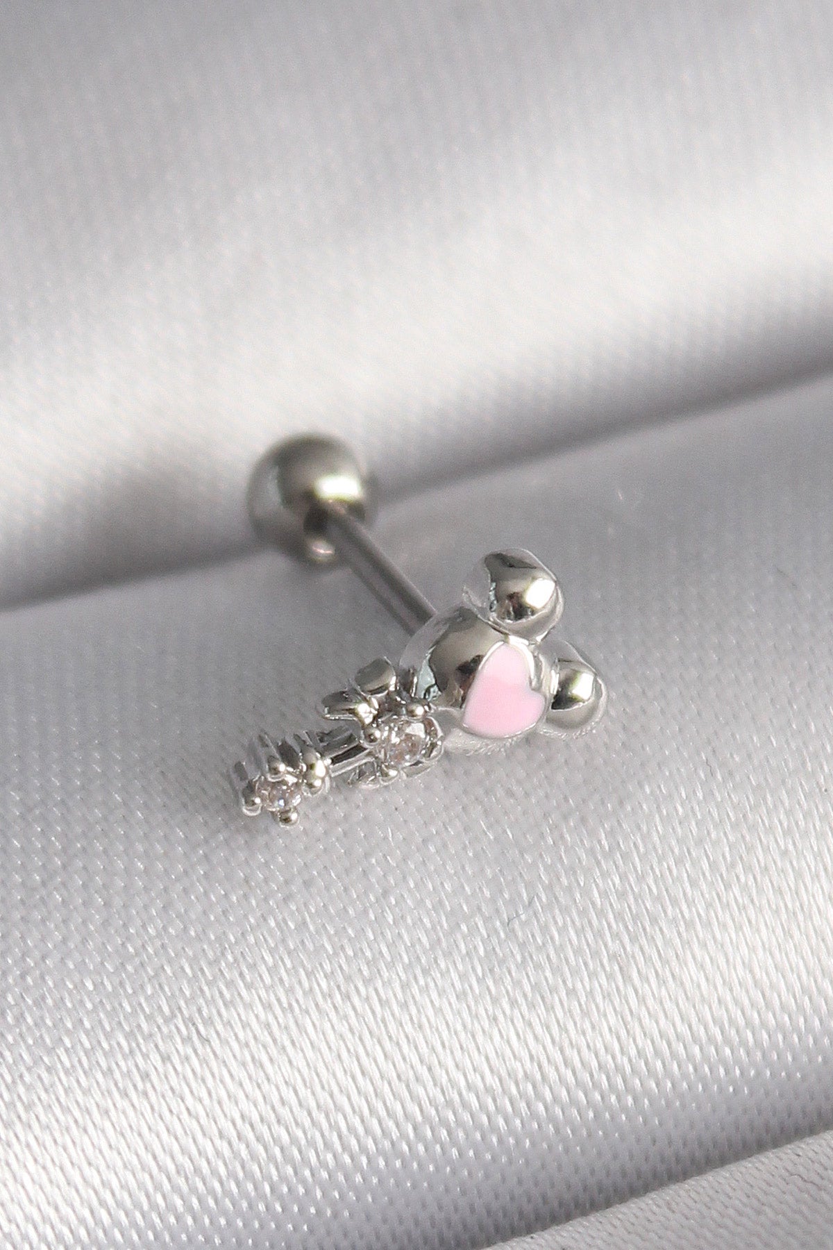 316L Çelik Gümüş Renk Zirkon Taş Detay Pembe Kalp İşleme Tragus Piercing - PR1281