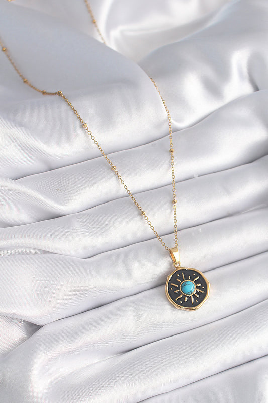 BKO9524 - 316L Çelik Gold Renk Mavi Boncuk Güneş İşleme Madalyon Model Kadın Kolye