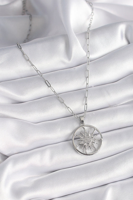 BKO9529 - 316L Çelik Gümüş Renk Zirkon Taşlı Güneş Madalyon Model Kadın Kolye