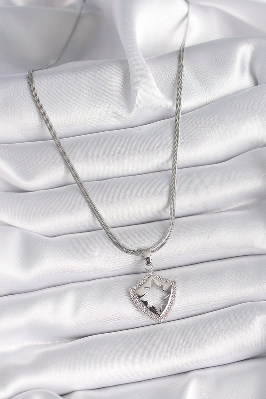 BKO9535 - 316L Çelik Gümüş Renk İtalyan Zincir Zirkon Taşlı Kutup Yıldızı İşleme Model Kadın Kolye