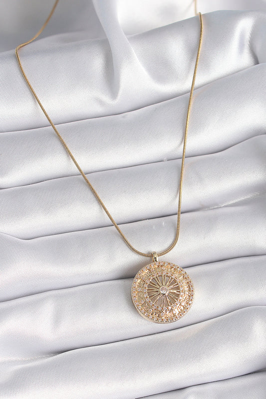 BKO9542 - 316L Çelik Gold Renk Zirkon Taşlı 12 Burç Madalyon Model Kadın Kolye