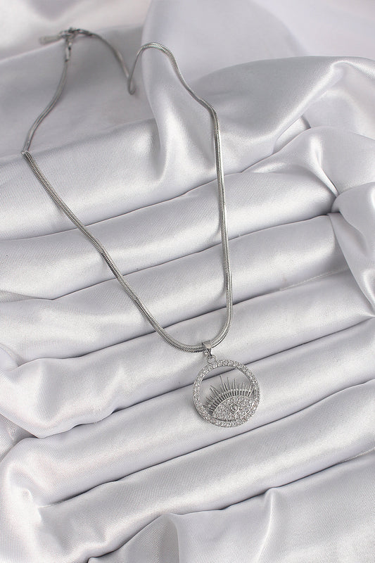 BKO9592 - 316L Çelik Gümüş Renk İtalyan Zincir Zirkon Taşlı Göz Model Kadın Kolye