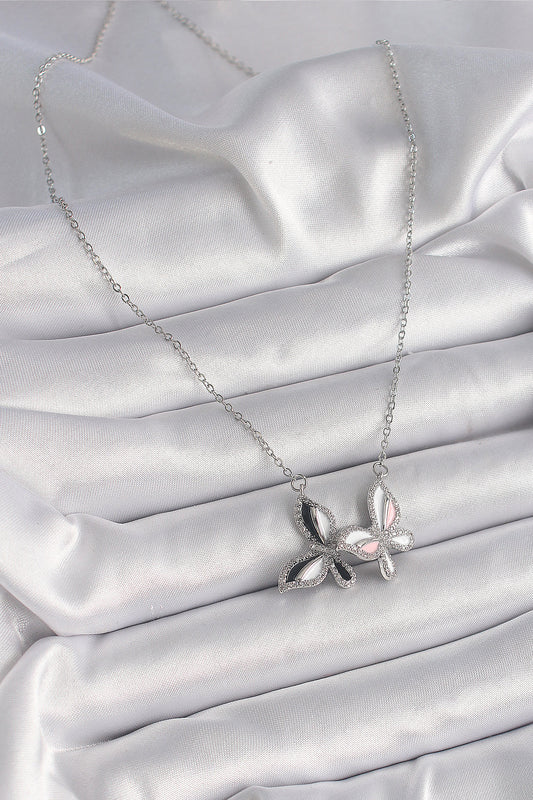 BKO9615 - 316L Çelik Gümüş Renk Zincir Zirkon Taşlı Renkli Kelebek Model Kadın Kolye