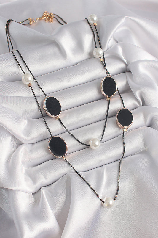 BKO9621 - Pirinç Siyah Renk Zincir İnci Detaylı Çoklu Kadın Kolye