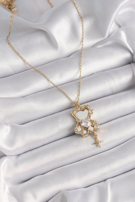 BKO9626 - 316L Çelik Gold Renk Zincir Ayna Ayıcık Model Zirkon Taşlı Kalp Model Kadın Kolye