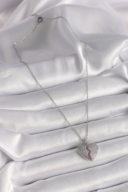 BKO9645 - 316L Çelik Gümüş Renk Zincir Zirkon Taşlı Kalp Model Kadın Kolye