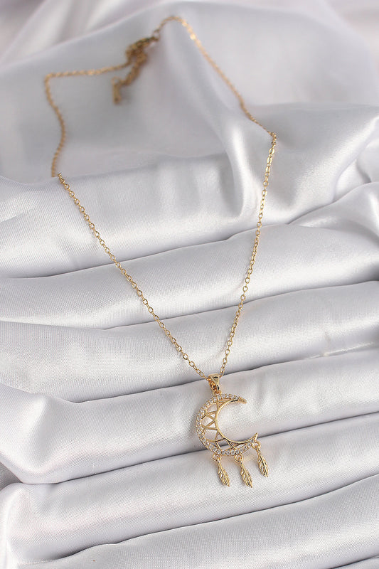 BKO9650 - 316L Çelik Gold Renk Zincir Zirkon Taşlı Hilal Model Sallantı Yaprak Detay Kadın Kolye