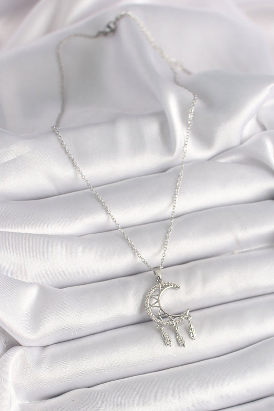 BKO9651 - 316L Çelik Gümüş Renk Zincir Zirkon Taşlı Hilal Model Sallantı Yaprak Detay Kadın Kolye
