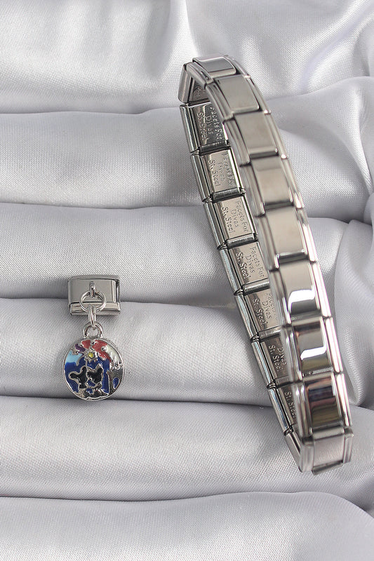 BC1117 - 316L Çelik Gümüş Renk Sallantı Dünya Model Nomination Charm