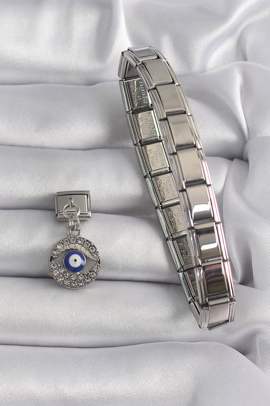 BC1121 - 316L Çelik Gümüş Renk Sallantı Zirkon Taşlı Göz Model Nazar Boncuk Detay Nomination Charm