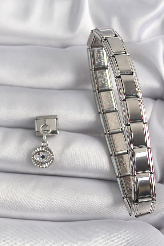 BC1157 - 316L Çelik Gümüş Renk Sallantı Zirkon Taşlı Göz Model Nomination Charm