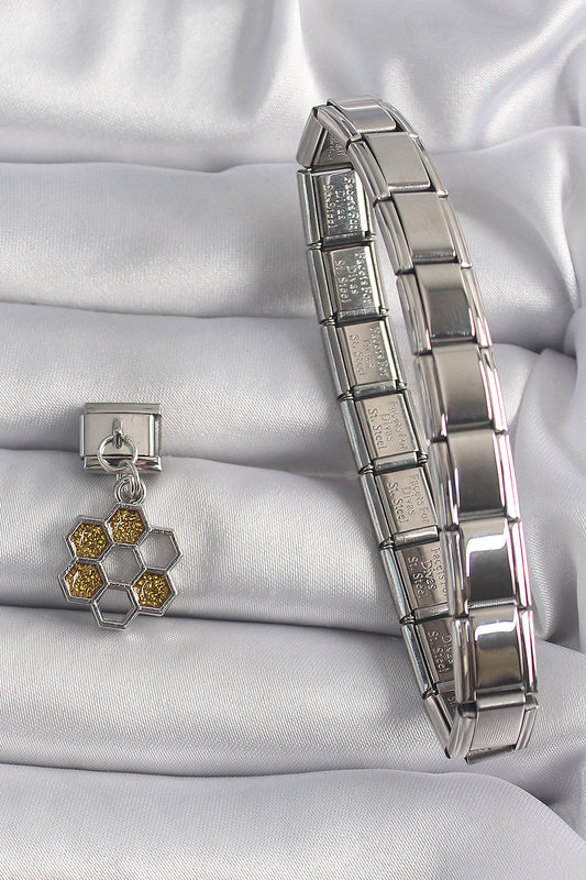 BC1158 - 316L Çelik Gümüş Renk Sallantı Simli Bal Beteği Model Nomination Charm