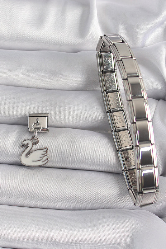 BC1160 - 316L Çelik Gümüş Renk Sallantı Beyaz Kuğu Model Nomination Charm