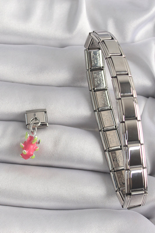 BC1175 - 316L Çelik Gümüş Renk Sallantı Ejder Meyvesi Model Nomination Charm