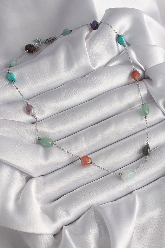 BKO9660 - 316L Çelik Gümüş Renk Zincir Renkli Doğaltaş Model Kadın Kolye