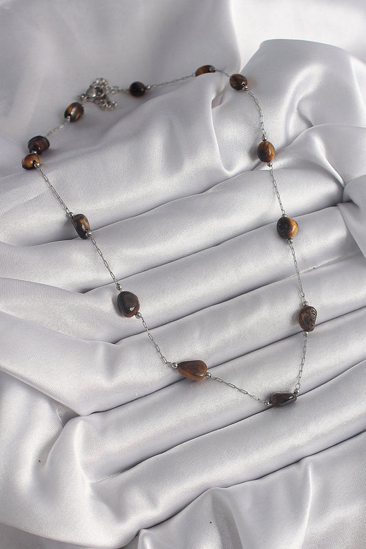 BKO9662 - 316L Çelik Gümüş Renk Zincir Kahverengi Doğaltaş Model Kadın Kolye