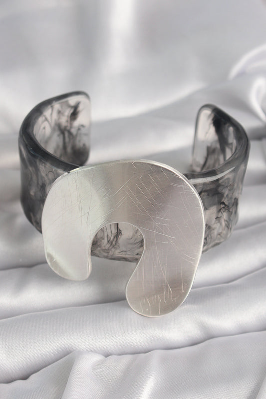 BB6667 - Siyah Mermer Desen Akrilik Plaka Vintage Kadın Bilezik