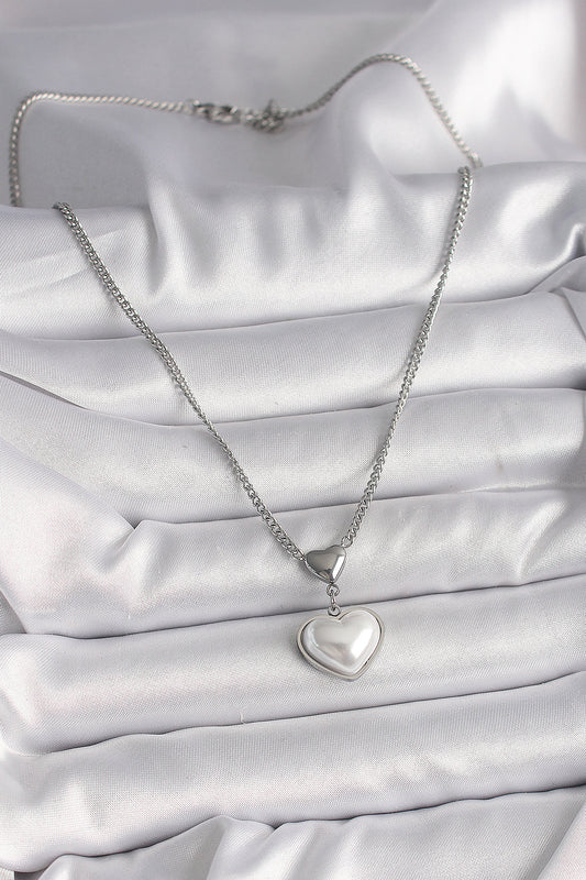 BKO9771 - 316L Çelik Gümüş Renk Zincir 3D Kalp Model Kadın Kolye