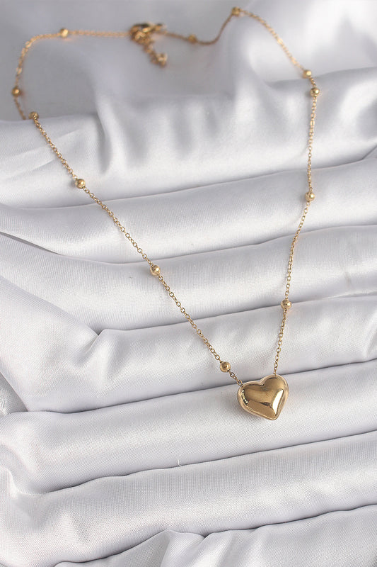 BKO9772 - 316L Çelik Gold Renk Topçuk Detaylı Zincir Kalp Model Kadın Kolye