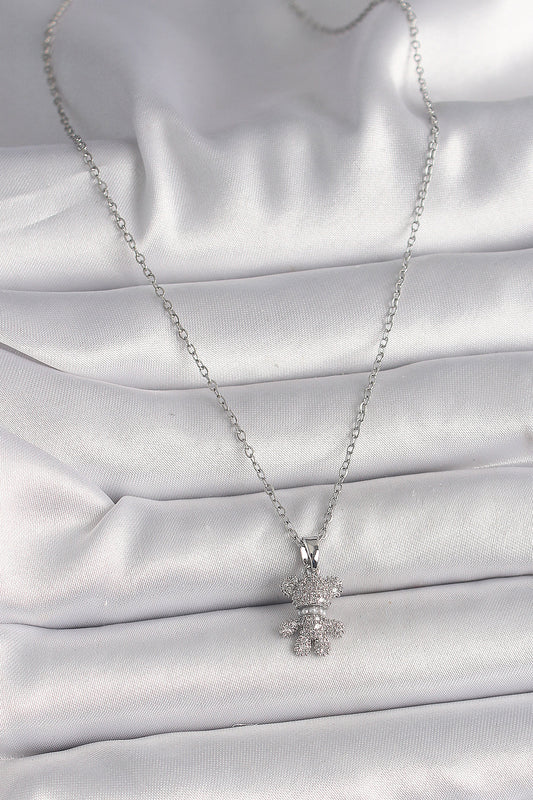 BKO9811 - 316L Çelik Gümüş Renk Zincir Zirkon Taşlı Ayıcık Figür Kadın Kolye