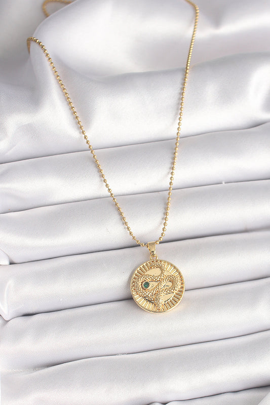 BKO9844 - 316L Çelik Gold Renk Topçuk Zincir Yılan İşlemeli Zirkon Taş Detaylı Madalyon Model Kadın Kolye