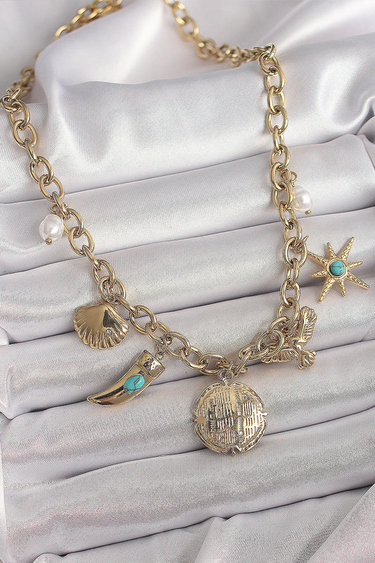 BKO9849 - 316L Çelik Gold Renk Zincir Sallantılı Çoklu Figür Model Kadın Kolye