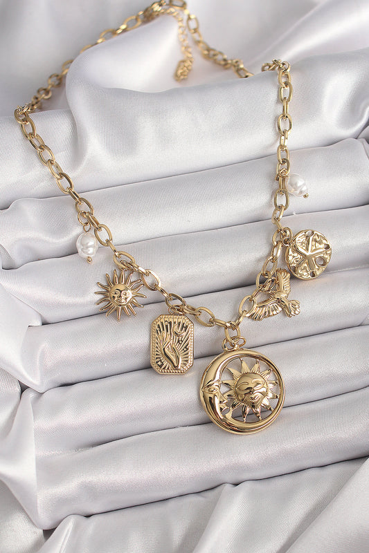 BKO9850 - 316L Çelik Gold Renk Halka Zincir Sallantı Ay Güneş Figür Kuş Detay Kadın Kolye