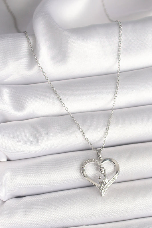 BKO9854 - 316L Çelik Gümüş Renk Zincir Zirkon Taş Detaylı Kalp Model Kadın Kolye