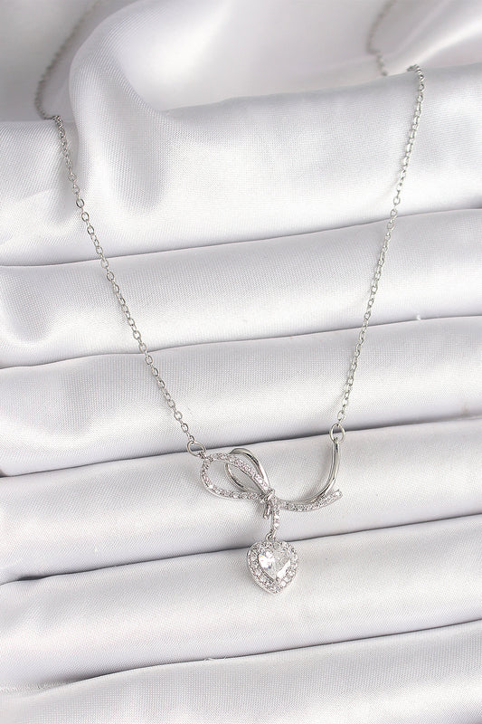 BKO9856 - 316L Çelik Gümüş Renk Zincir Zirkon Taşlı Düğüm Sallantı Kalp Figür Kadın Kolye