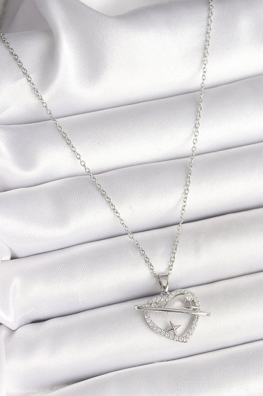 BKO9860 - 316L Çelik Gümüş Renk Zincir Zirkon Taşlı Kalp Model Yıldız Detay Kadın Kolye