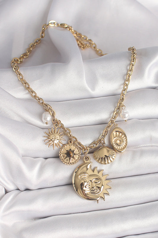 BKO9913 - 316L Çelik Gold Renk Ay Güneş Figür Deniz Kabuğu Detay Kadın Kolye