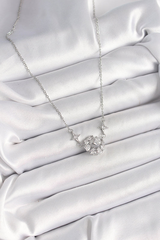 BKO9929 - 316L Çelik Gümüş Renk Zirkon Taşlı Hilal Kalp Model Kadın Kolye