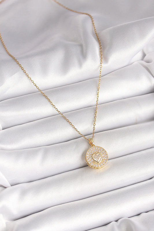 BKO9946 - 316L Çelik Gold Renk Zincir Madalyon Zirkon Taşlı Kalp Model Kadın Kolye