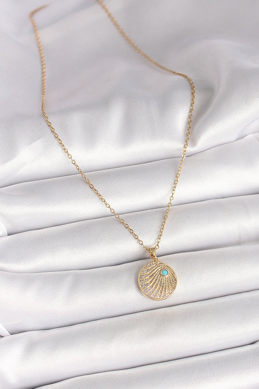 BKO9964 - 316L Çelik Gold Renk Zincir Zirkon Taş İşlemeli Mavi Taş Detaylı Madalyon Model Kadın Kolye