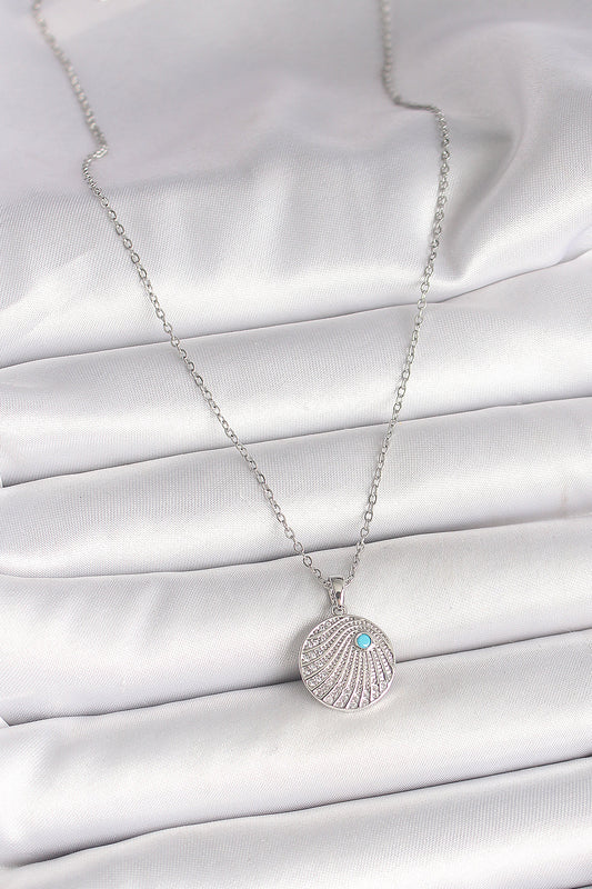 BKO9965 - 316L Çelik Gümüş Renk Zincir Zirkon Taşlı Mavi Taş Detaylı Madalyon Model Kadın Kolye