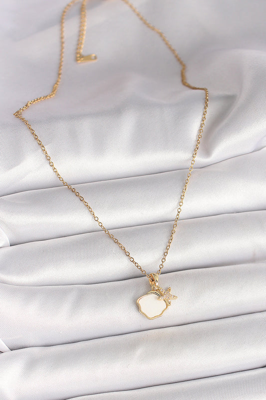 BKO9970 - 316L Çelik Gold Renk Zincir Sallantı Beyaz Mineli Deniz Kabuğu Zirkon Taşlı Deniz Yıldızı Figür Kadın Kolye