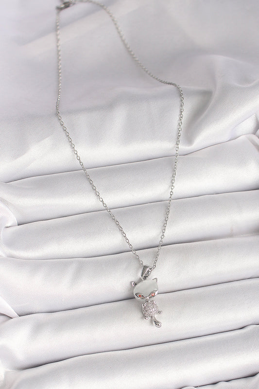 BKO9981 - 316L Çelik Gümüş Renk Zincir Zirkon Taşlı Kedi Model Kadın Kolye